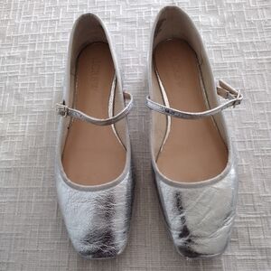 J. Crew Quinn Square-Toe Mary Jane Flats In Crinkled Metalic Leather Silver 10